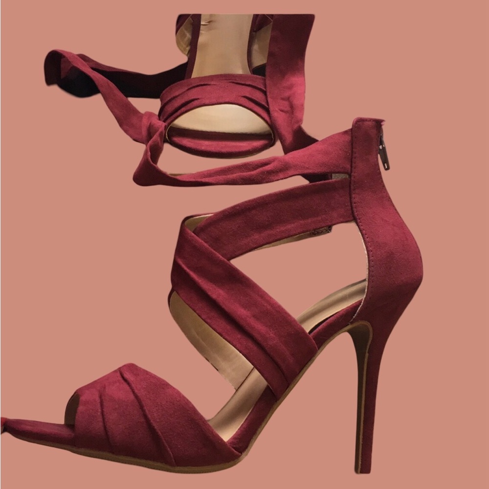 Elegant Burgundy Lace Up High Heels